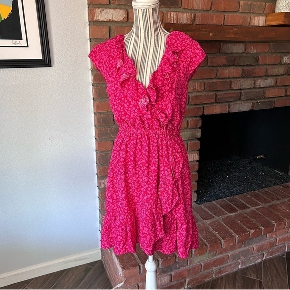J. Crew V-Neck Ruffle Mini Dress in Tossed Boquet Red Pink Sz 2 - Picture 1 of 9